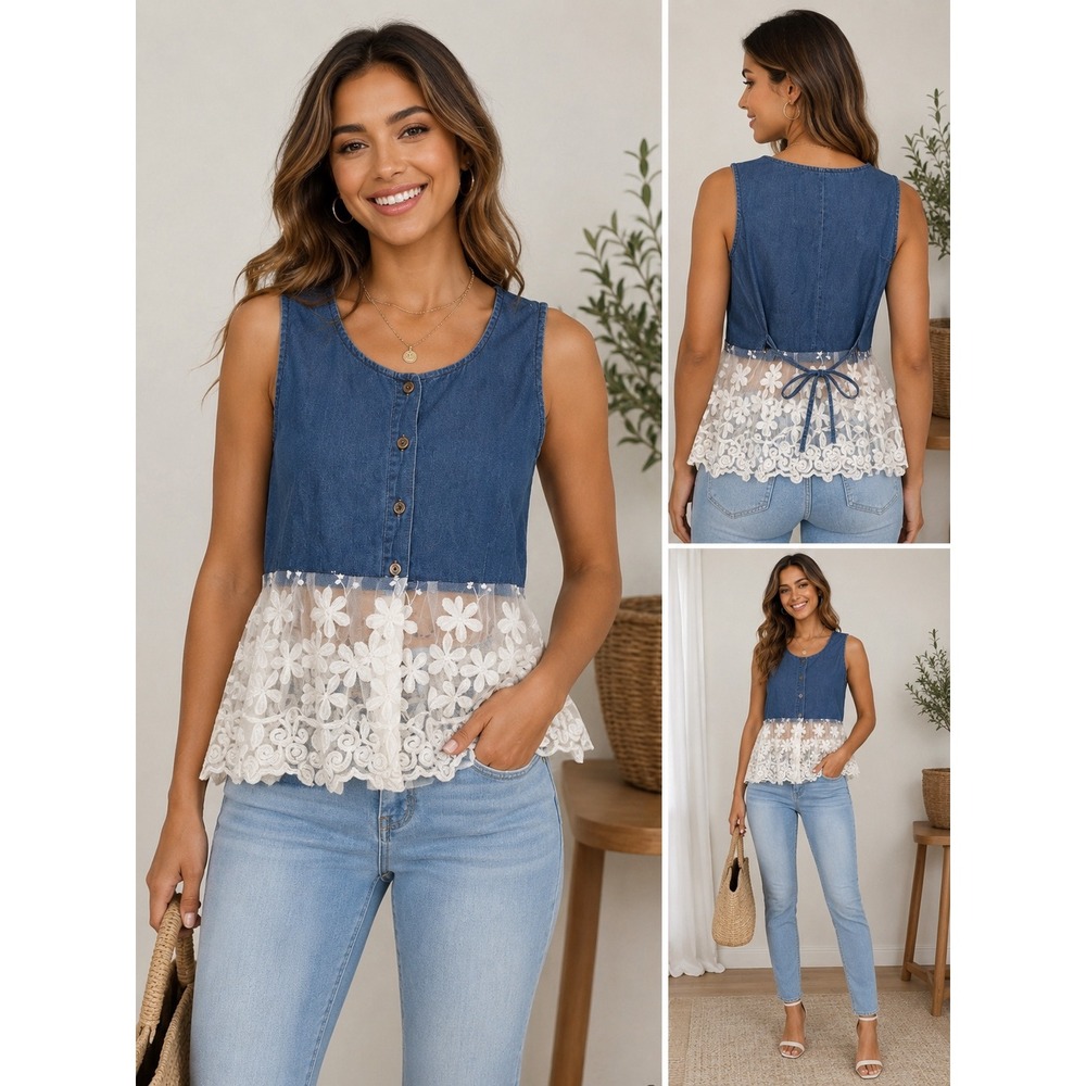 M.T.H. Blues Denim Floral Lace Peplum Tank Top Blue Small
